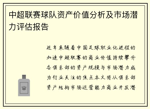 中超联赛球队资产价值分析及市场潜力评估报告