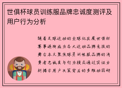 世俱杯球员训练服品牌忠诚度测评及用户行为分析