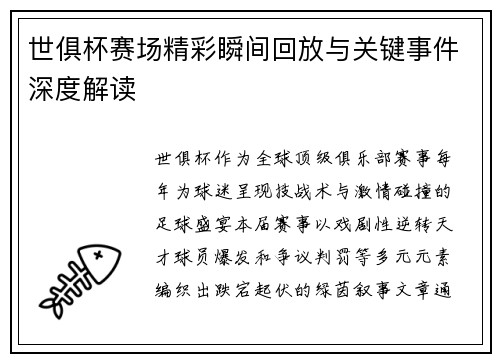 世俱杯赛场精彩瞬间回放与关键事件深度解读